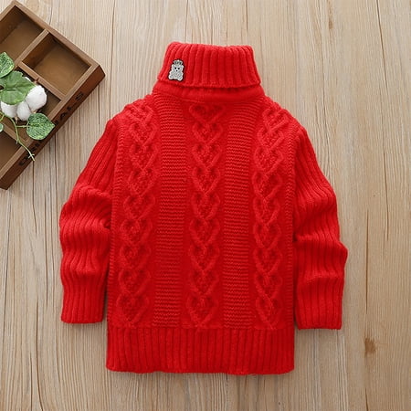 Bnwani Sweaters for Girls Kids Winter Fashion Knitted Cotton Turtleneck Long Sleeve Thickened Warm Casual Solid Bear Printed Sweater Red