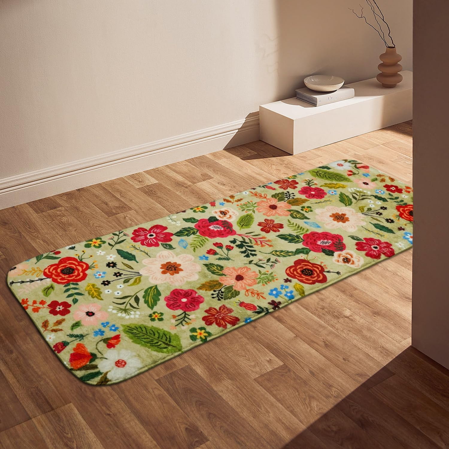 Flower Bathroom Runner Rug Non Slip, Large Long Bathroom Rug Cute Floral Bath Mat for Bedroom Hallway Kitchen, Soft Plush Washable Pink Shower Rug