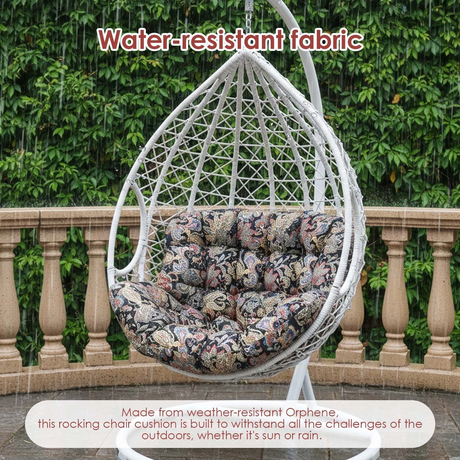 TOPCHANCES Egg Chair Cushion Only, Water-Resistant Outdoor Rocking Chair Cushion, Thick Papasan Seat Cushion with Ties for Patio, Porch, Balcony, Garden (Ethnic Style)