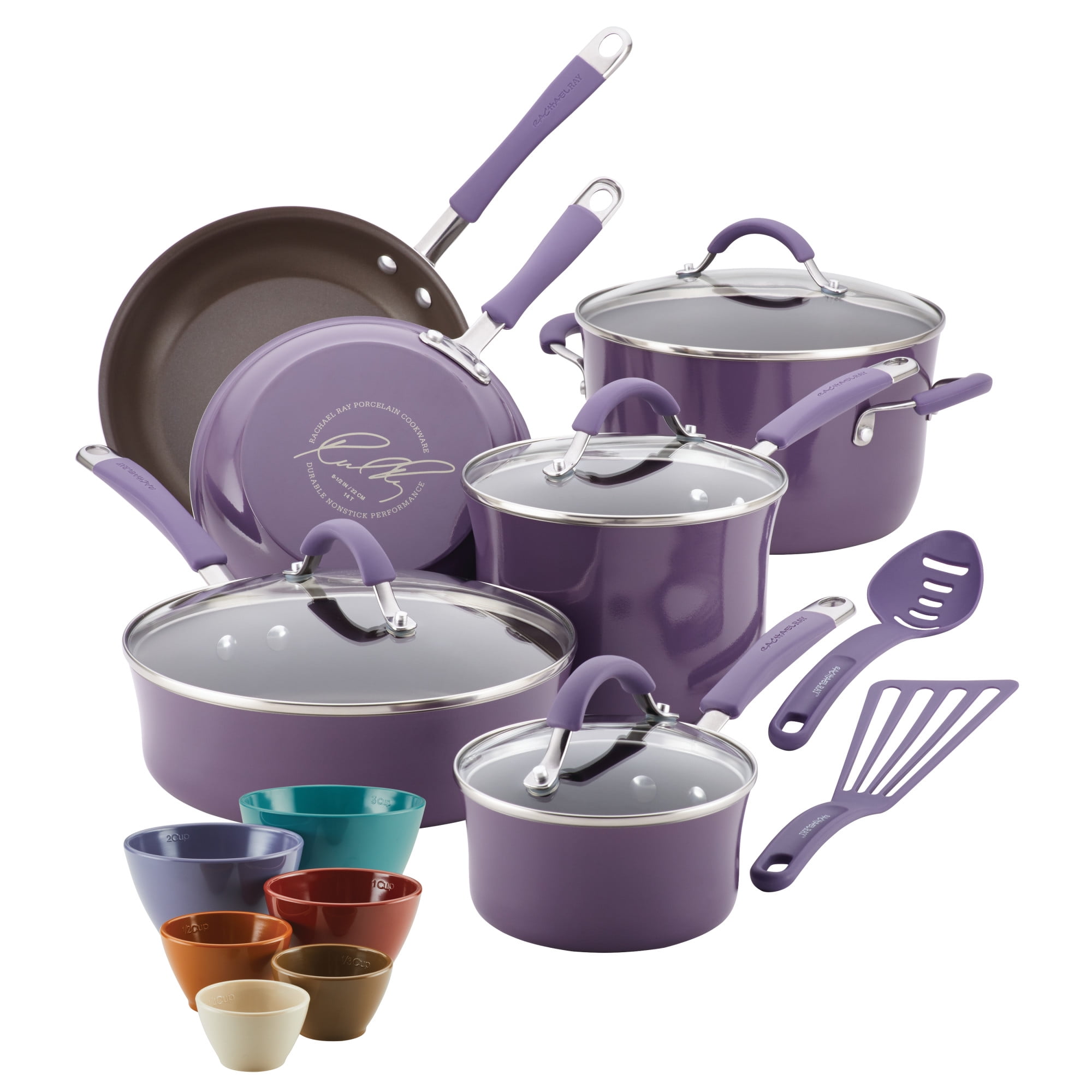 Rachael Ray Cucina Hard Enamel Nonstick Cookware and Measuring Cup Set, 18-Piece, Lavender