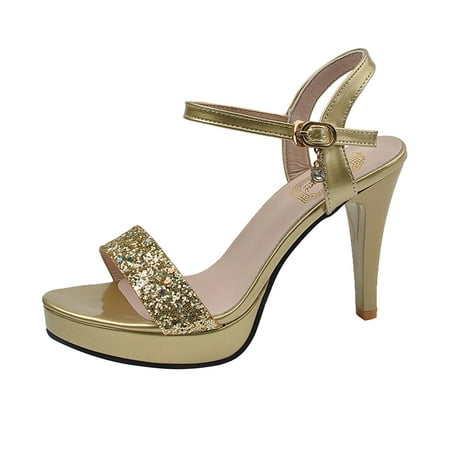 Blphud Elegant Heels for Women Formal Summer Heels for Women Sandals for Women Ladies Fashion Solid Color Sequins Leather Buckle Open Toe High Heel Sandals Strap Shoes Women Gold 37