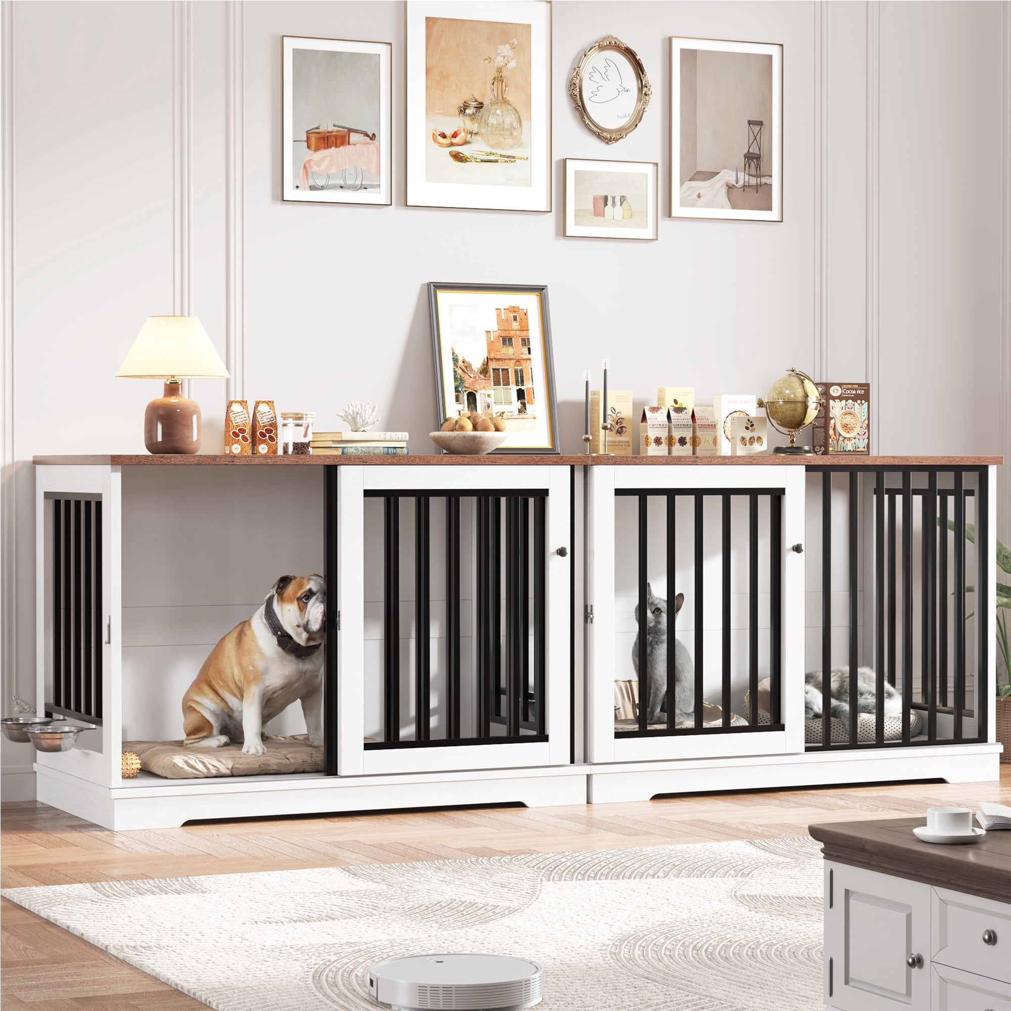 Homfa Dog Crate Furniture, 47.2''W Wooden Indoor Dog Cage Table with Sliding & Lockable Doors, White