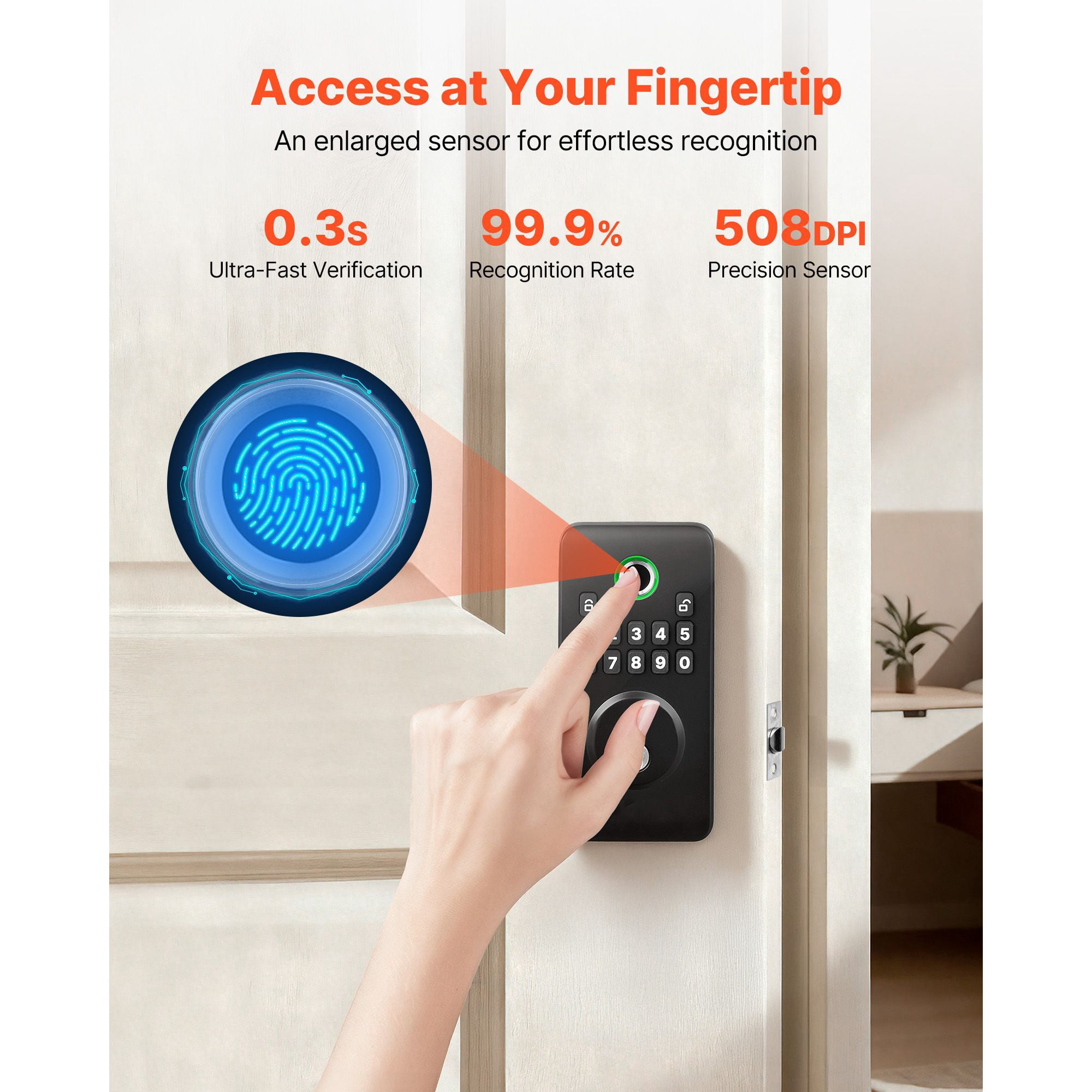 Fingerprint Door Lock, Electronic Biometric Deadbolt with Easy-Grip Design, Auto Locking, One-Time Code, Anti-Peeping, Keyless Entry for Home Use