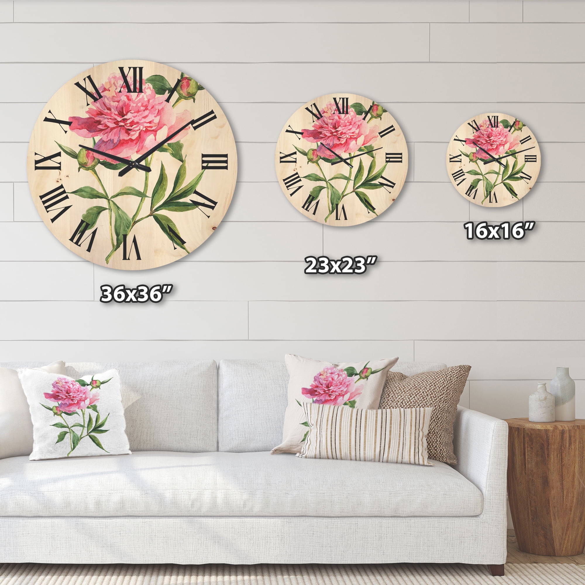 Designart 'Ancient Pink Peonies' Traditional Wood Wall Clock