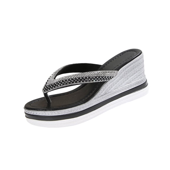 Black Womens Sandals Wedge Heel Open Toe Thong Sandals With Rhinestones Comfortable Casual Daily Wear Black Size 5