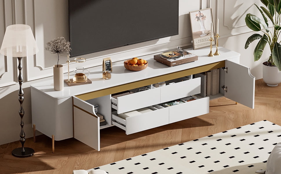 Euroco Light Luxury TV Stand with 2 Cabinets and 4 Drawers – Gold Metal Legs, Cable Management, Concealed Handles – Modern Entertainment Center for Living Room