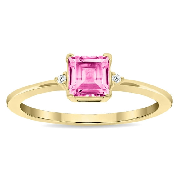 SZUL Women's Square Shaped Pink Topaz and Diamond Classic Band in 10K Yellow Gold