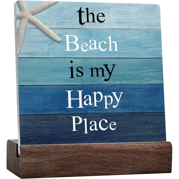 Summer Beach Theme Ceramic Desk Sign The Beach Is My Happy Place Sign Desk Decor For Home Bedroom Office Desk Cubicle Table Shelf Tabletop Decor,Farmhouse Summer Beach Sign Decor