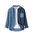 thumbnail image 2 of hotojiny Men's Corduroy Button down Shirts Stylish Colorblock Long Sleeve Shacket Jacket Casual Curved Hem Coat with Pockets, 2 of 4