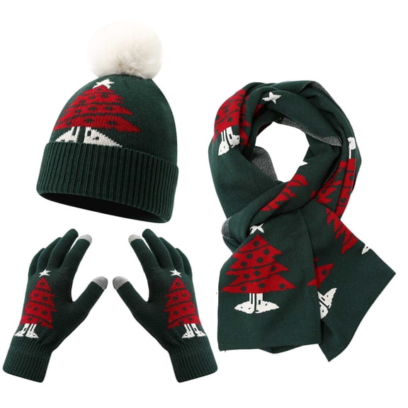Quealent Kids Winter Warmer Hat Gloves Scarf Set, Christmas Gift for Toddlers Girls Boys Fleece Lined Pom Pom Beanie Green for Size 3-8 Years