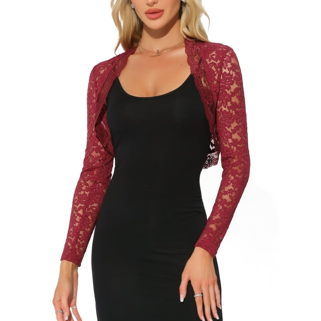 Inspire Chic Cárdigan Corto de Encaje para Mujeres, Floral, de Manga Larga, Abierto por Delante, Rojo Oscuro, XL