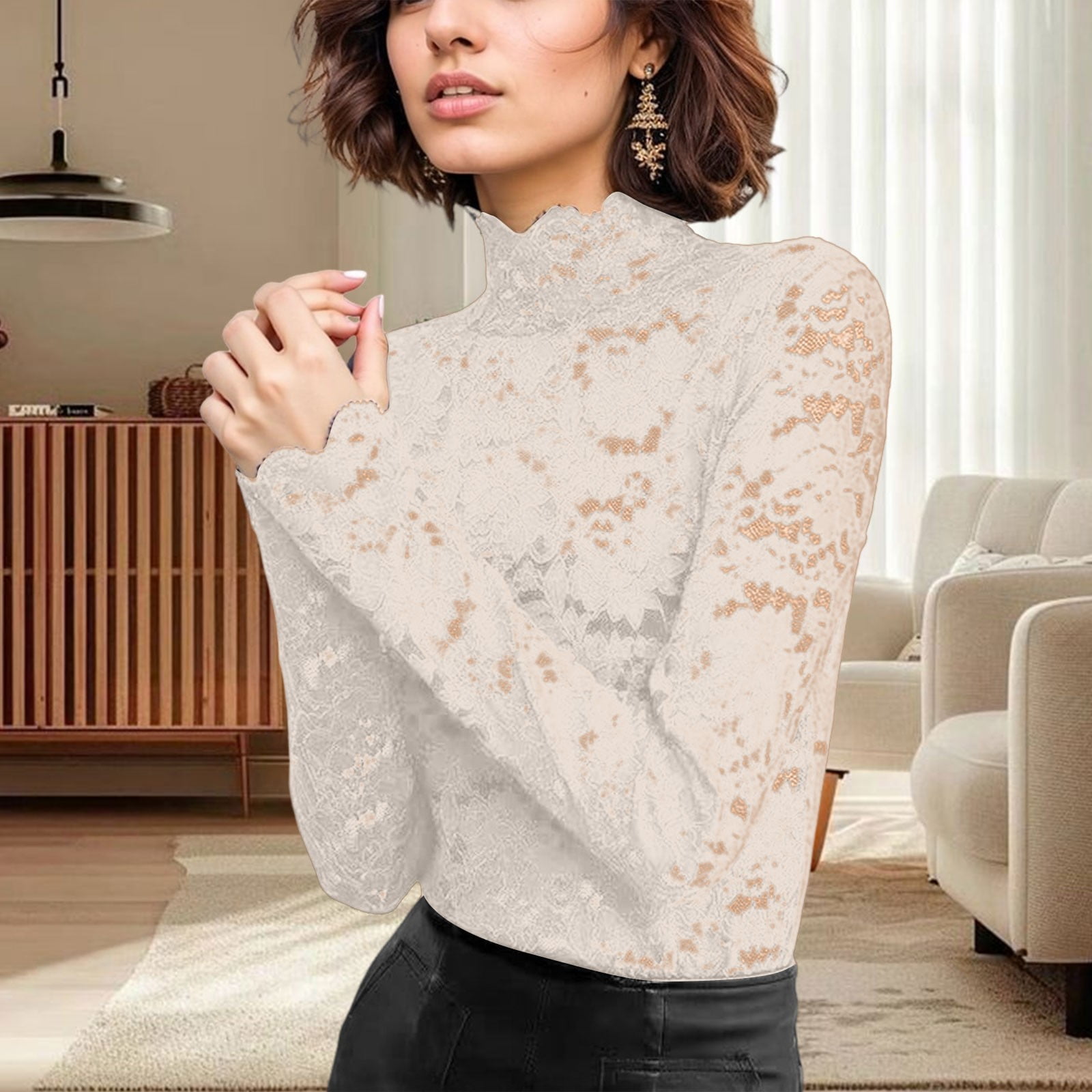 Women's Floral Lace Top Long Sleeve See Through Mesh Underwear