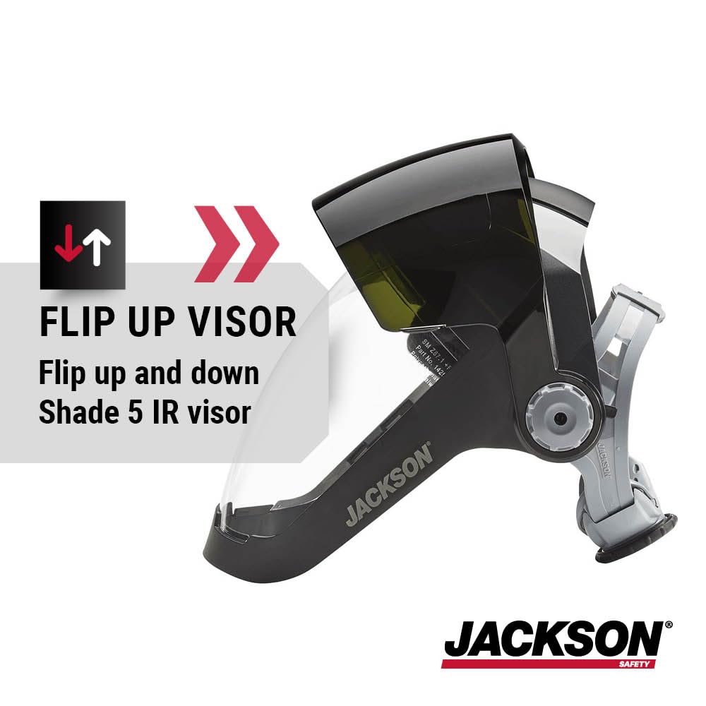 Jackson Safety Jackson Safety - Face Shield - QUAD 500 Premium Multi-Purpose Series - 9' x 12.125' x 0.060" Window - Clear AF with Shade 5 IR Flip Visor - 370 Speed Dial Headgear