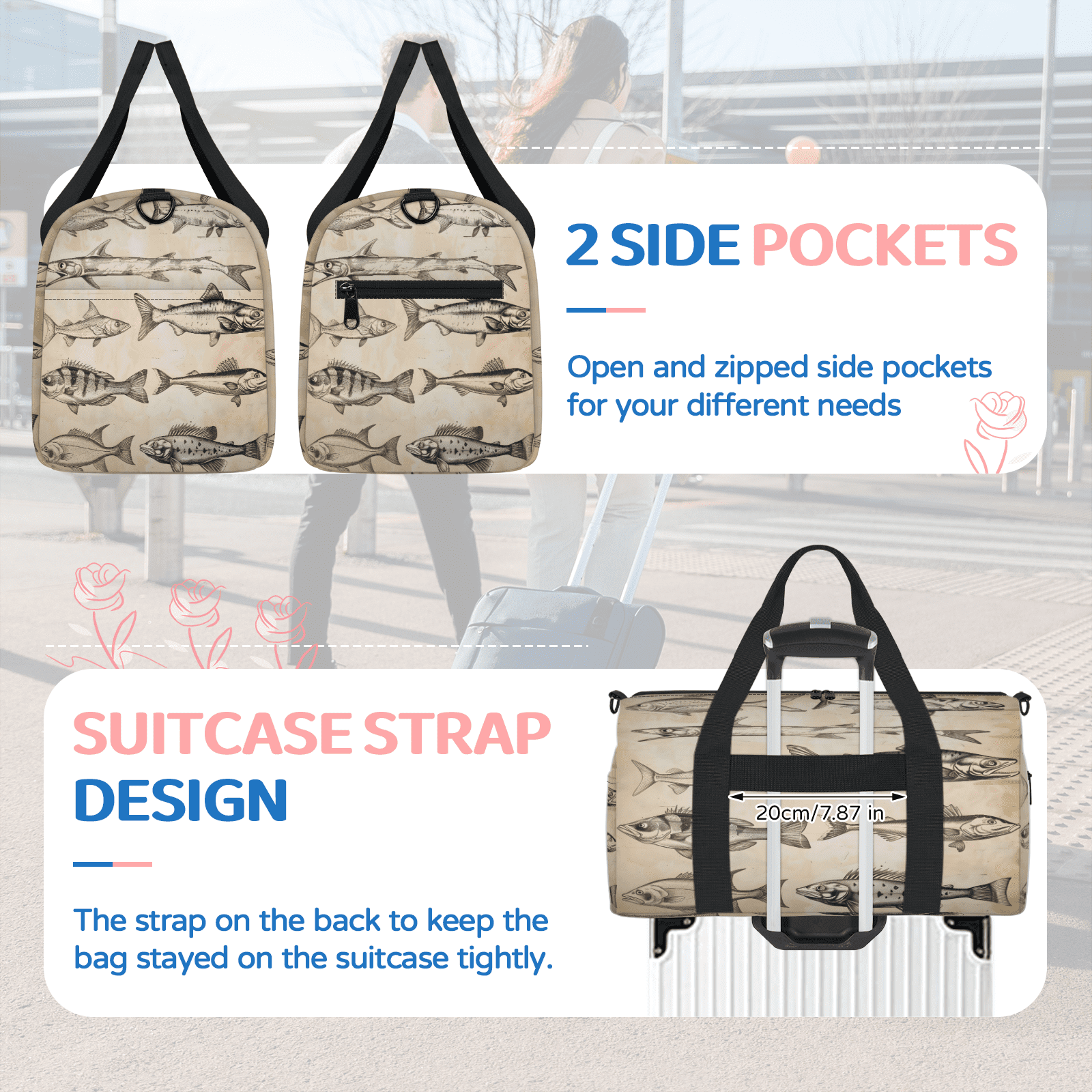 Herdesigns Vintage Fish Gym Bag for Women, Duffle Bag for Travel Sport, Lightweight Waterproof Carry on Weekender Overnight Dance Yoga Workout Bags