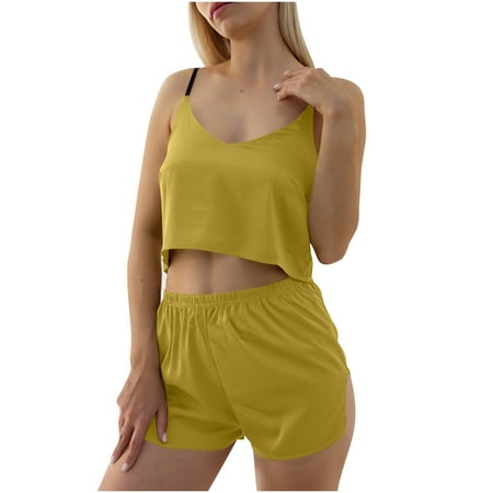 Njoeus Two Piece Lounge Set for Women Cute Pajama Sets for Women Women 2 Piece Outfit Set Sleeveless Top Short Pants Nightshirt Homewear Pajamas Plaid Pj Pants Savings Yellow XL