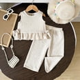 thumbnail image 2 of TOWED22 Infant Baby Girl Outfits Sleeveless Ruffle Tank Tops with Floral Embroidery Long Pants 2pcs Clothes(Beige,9-12 M), 2 of 9