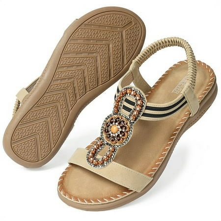 

Casual Boho Flat Sandals for Women Comfortable Summer Beach Rhinestone Beaded Ankle Strap Shoes