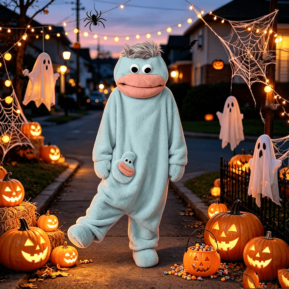 Halloween Themed Silly Goofy Onesie for Adults - Frog Onesie Cute Funny Monster Pajamas Fleece Jumpsuit Hooded Cozy Plush Loungewear (with Comb) (No Shoes Included) Light Blue M