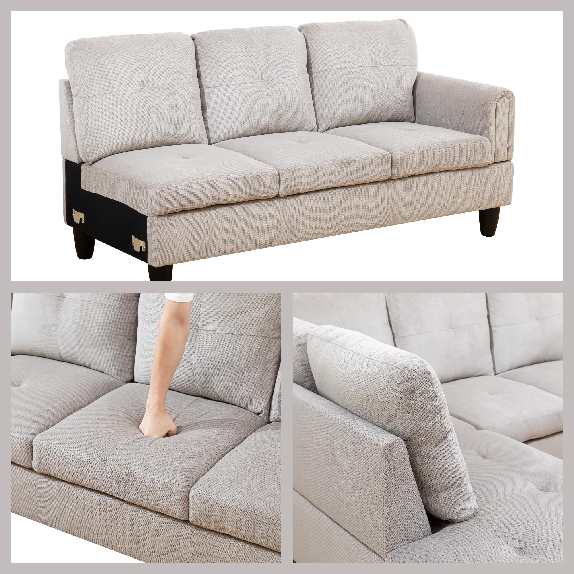3-Piece Living Room Sofa Set with Chaise and Storage Ottoman, 6 Seater L Shaped Couch Sectional Couches Modular Convertible Sofa, Grey White