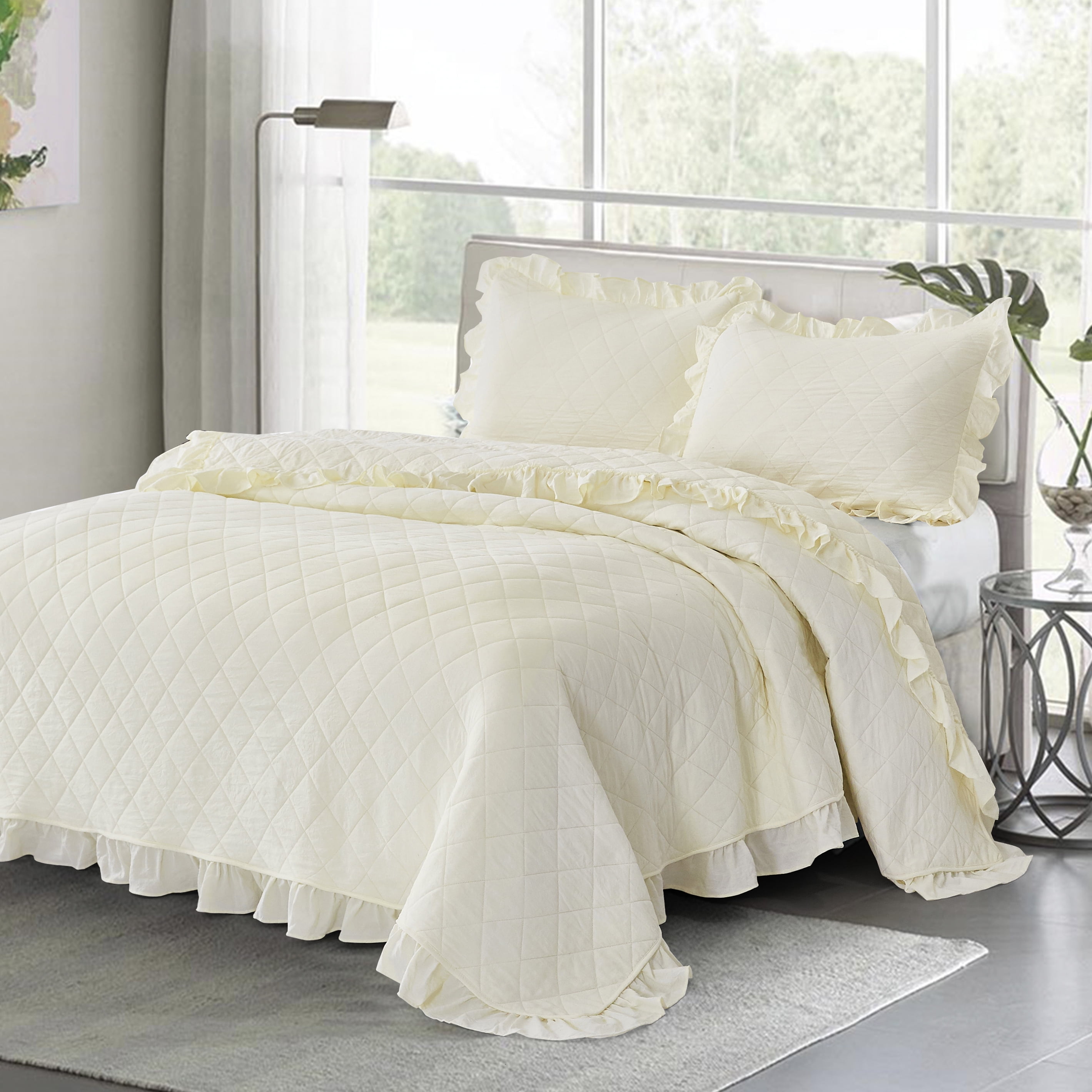 MallenHome 3PCs Diamond Quilt with Ruffle Edge Bedspread/Coverlet