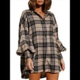 thumbnail image 3 of Camisas de Franela A Cuadros para Mujer, Blusas y Vestidos de Larga con Botones, de Gran Tamaño Marrón M, 3 of 9
