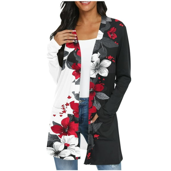 SwiftWear Long Sleeve Long Cardigan with Pockets Women's Trendy Floral Print Wrap Relaxed Fit Cadigant Open Front Tops