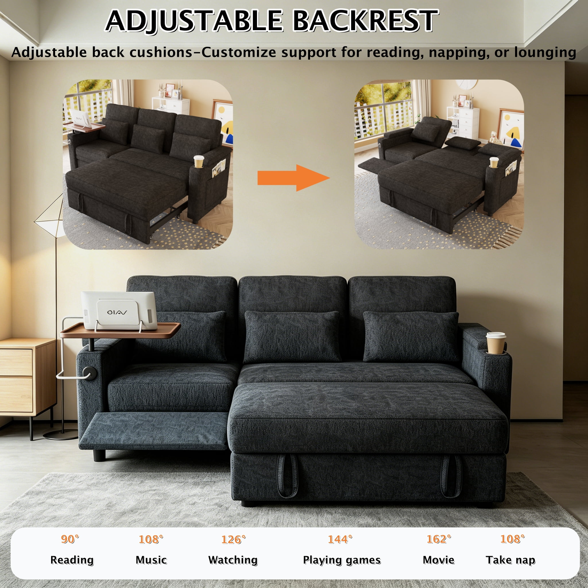 ShiKeyi 83" 3-in-1 Convertible Sofa Bed, Chenille 3 Seater Couch with Sleeper Sofa Function, Adjustable Backrest, USB Ports & Storage Armrests, Black