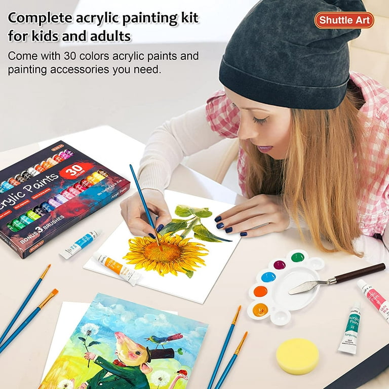 Shuttle Art 46 Pack Acrylic Paint Set, 30 Colors Acrylic Paint with 10 Paint Brushes 3 Painting Canvas 1 Paint Knife Palette Sponge, Complete Gift Set