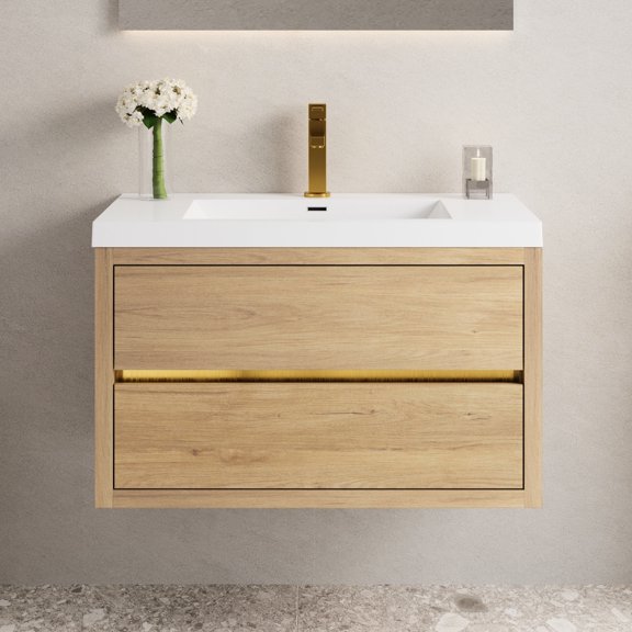 Bathroom Vanity 36" With Sink. Natural Oak. Soft Close Drawers. Stone Resin Countertop. Floating Cabinet. Pre-assembled. 24v15-36no Sink & Close. Spacious Interior.