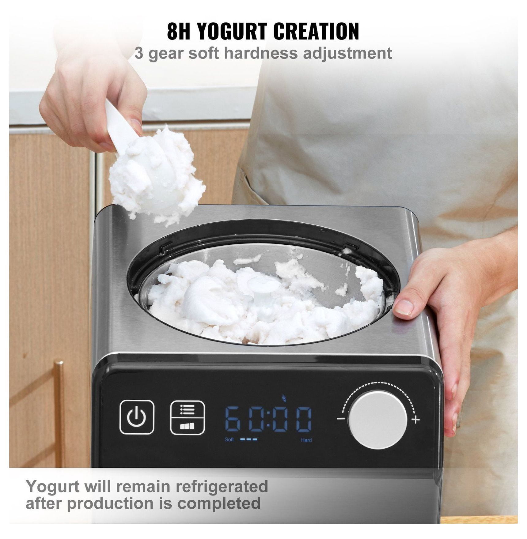 Ice Cream Maker, 2 Quart Automatic with Compressor - No Pre-freeze, Fruit & Yogurt, Stainless Steel Sorbet Gelato Machine, 4 Modes, Digital Display