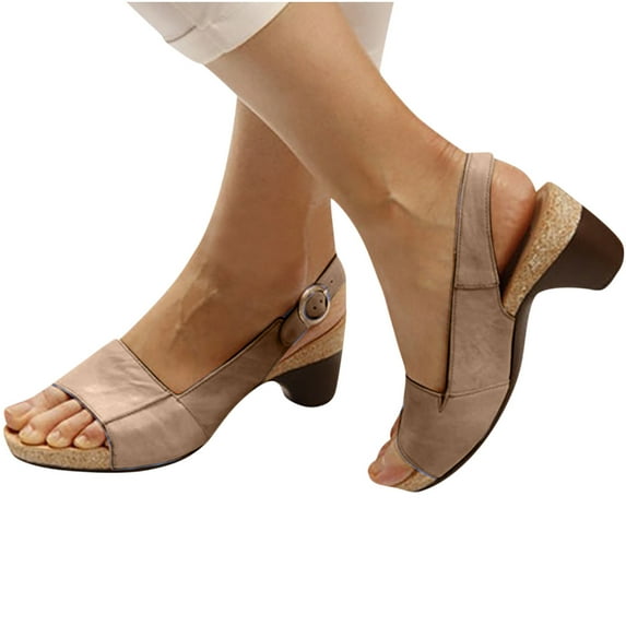 asdoklhq Sandals for Women Comfortable Elegant Low Chunky Heel Shoes Women Summer Thick Heel Sandals Pumps Ankle Buckle Open Toe Casual Shoes Khaki 36