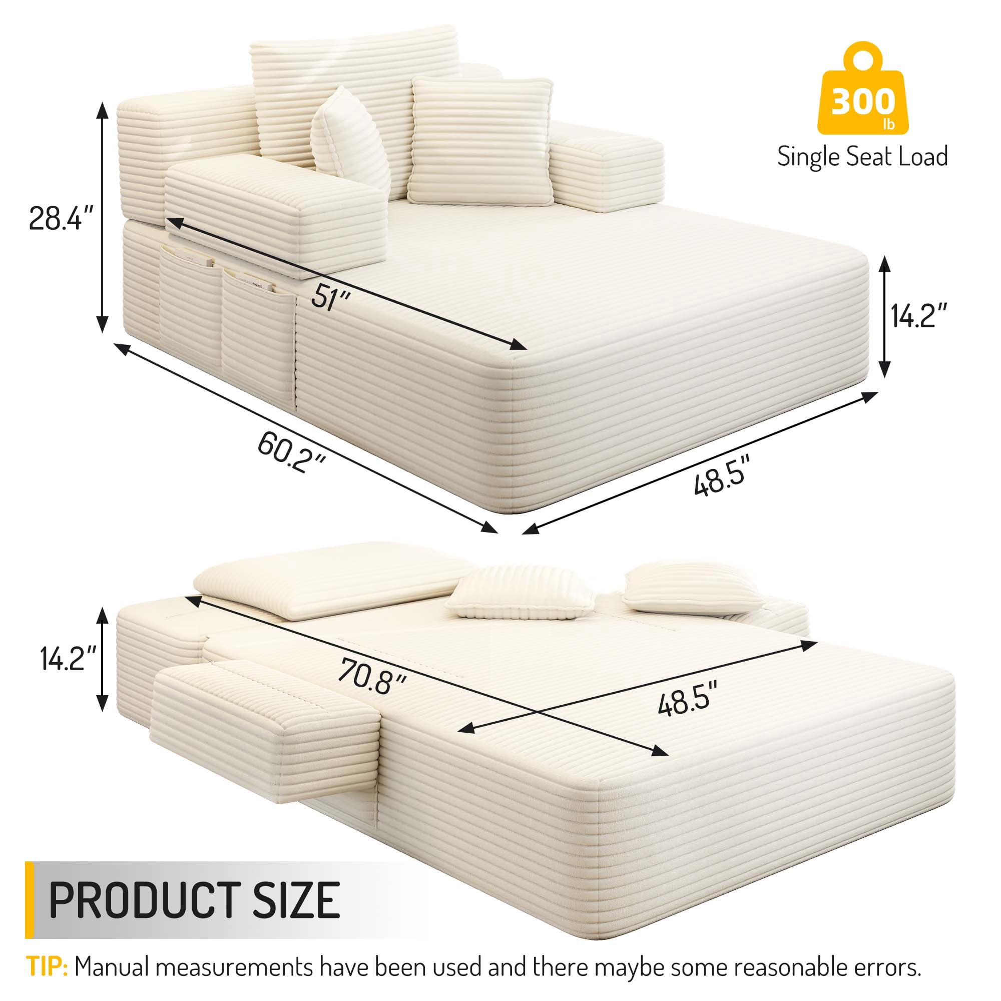 Miniyam 70" x 48.5" Corduroy Chaise Lounge Indoor with Side Pockets & 3 Pillows for Small Spaces, Compression Sofa, Beige