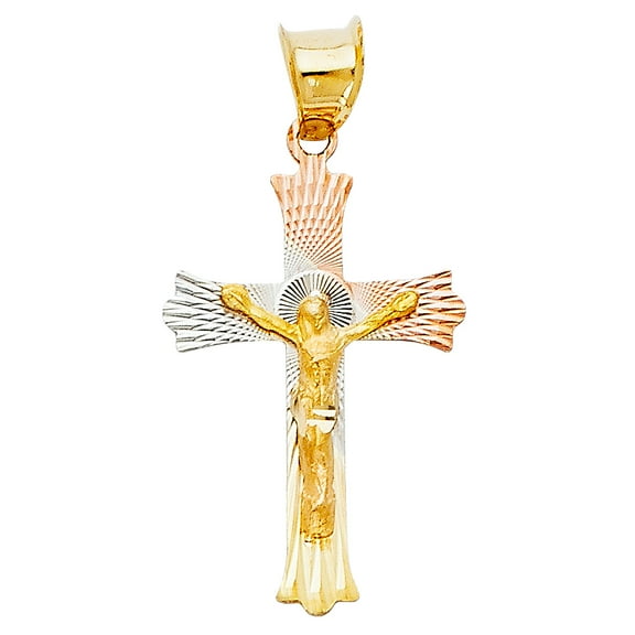 14k Tri-Color Gold Jesus Christ Crucifix Pendant Diamond-Cut Christian Charm Jewelry Female Unisex