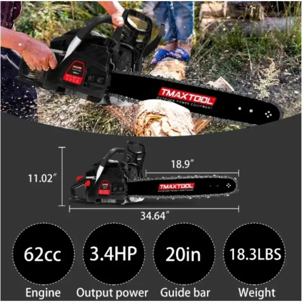 20in Gas Chainsaw, 62CC Powerful  Cordless Chainsaw with 2-Stroke Engine for Pruning, Limbing, and Sawmill Operations