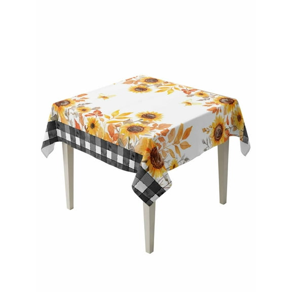 Square Tablecloth 60 x 60 Inches Fall Autumn Sunflowers Black Plaid Waterproof & Stain Resistance Table Cloth Decorative Fabric Table Cover for Dinning/Party/Buffet/Banquet