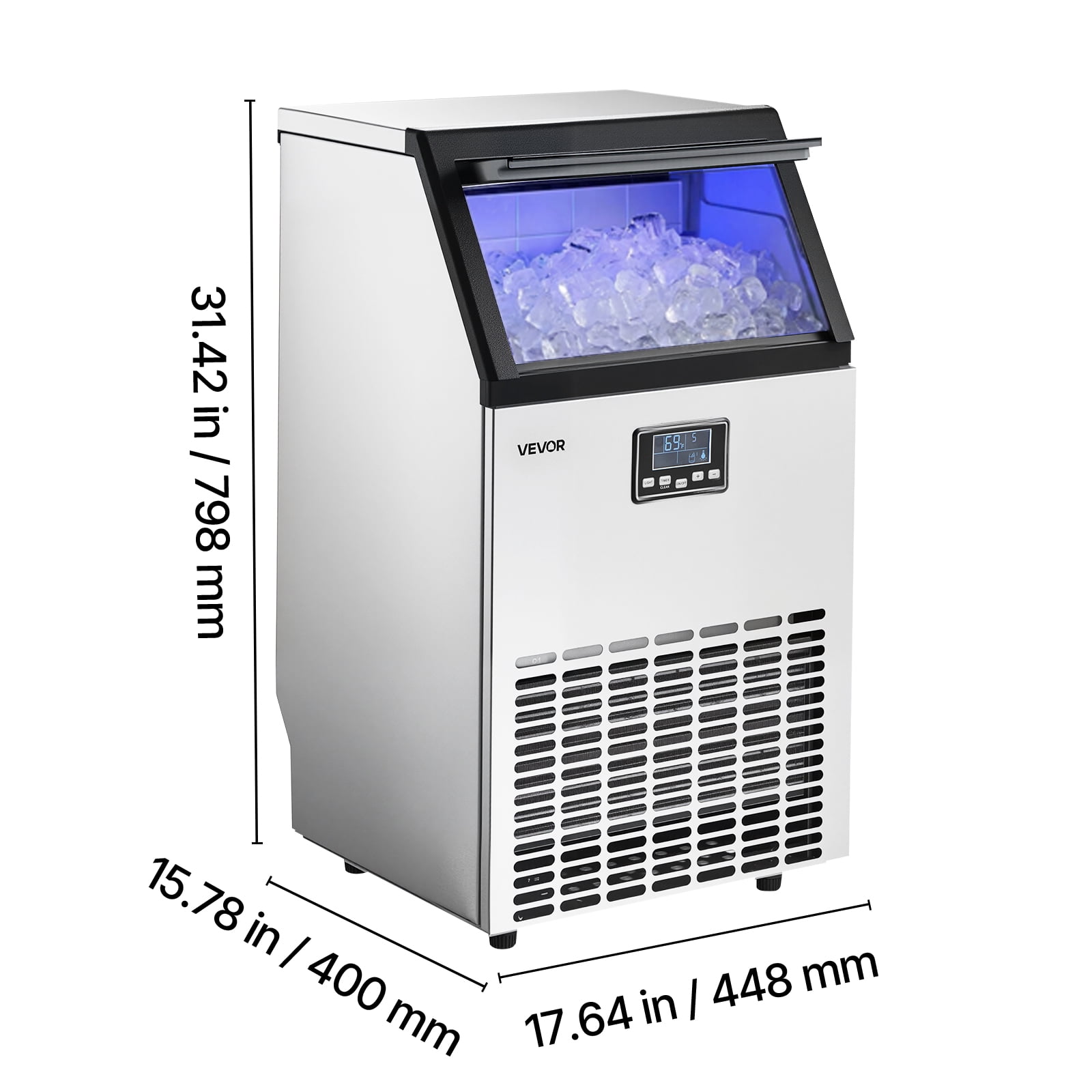 VEVOR Commercial Ice Maker Machine, 100 lbs/24h with 26 lbs Storage Capacity, Built-in/Freestanding/Under Counter, Stainless Steel Ice Maker with LED Display & Self-Cleaning, for Home Bar Restaurant