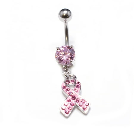Multi Stone Dangle - Pink Awareness Ribbon Multi Gem Dangle 316L Surgical Steel Navel Ring