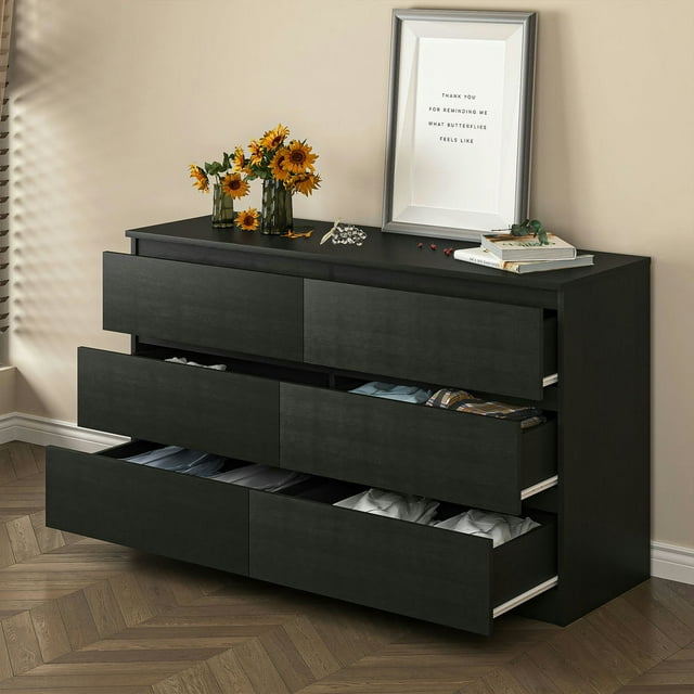 Kadyn Black Chest of Drawer, 6 Double Drawer Dresser for Bedroom, Modern Storage Cabinet for Living Room, Nursery Dresser Kadyn Black Chest of Drawer, 6 Double Drawer Dresser for Bedroom, Modern Storage Cabinet for Living Room, Nursery Dresser