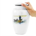 thumbnail image 3 of 10" Aluminum Metal Cremation Urn for Cremated Human Ash Remains Storage | Beautiful Artwork Printed Funeral Pot & Cremation Jar (Fly-Fishing White), 3 of 3