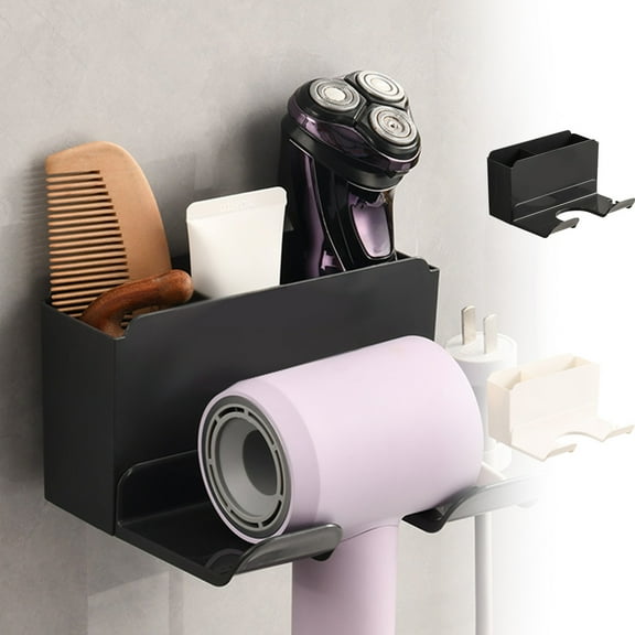 Usloyux Under $5 No Drill Hair Dryer Holder, Wall Mounted Hair Dryer Storage Rack, Bathroom Organizer Shelf with Cord Management, Adhesive Hair Dryer Stand for Vanity Countertop