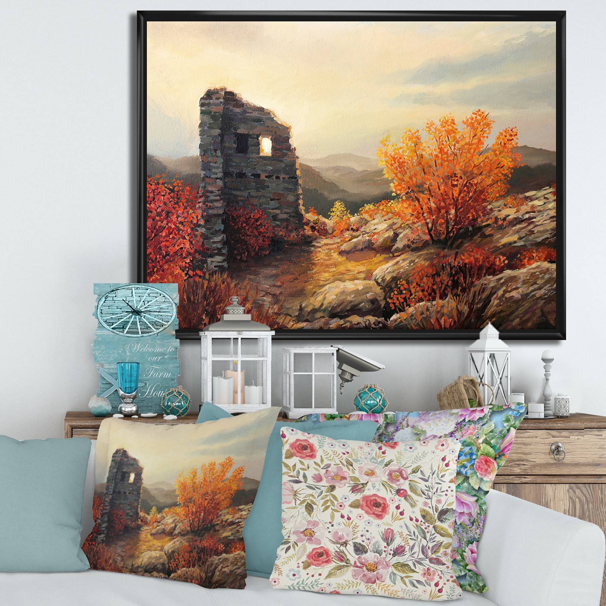 Designart 'Sunset Over Old Fortress Ruins' Farmhouse Framed Canvas Wall Art Print