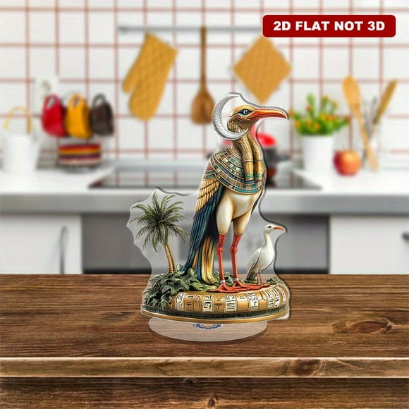 Rotating acrylic display featuring ultra-realistic Thoth statue with vibrant colors intricate details palm trees ibis sculpture and moon disk crown on papyrus scroll base