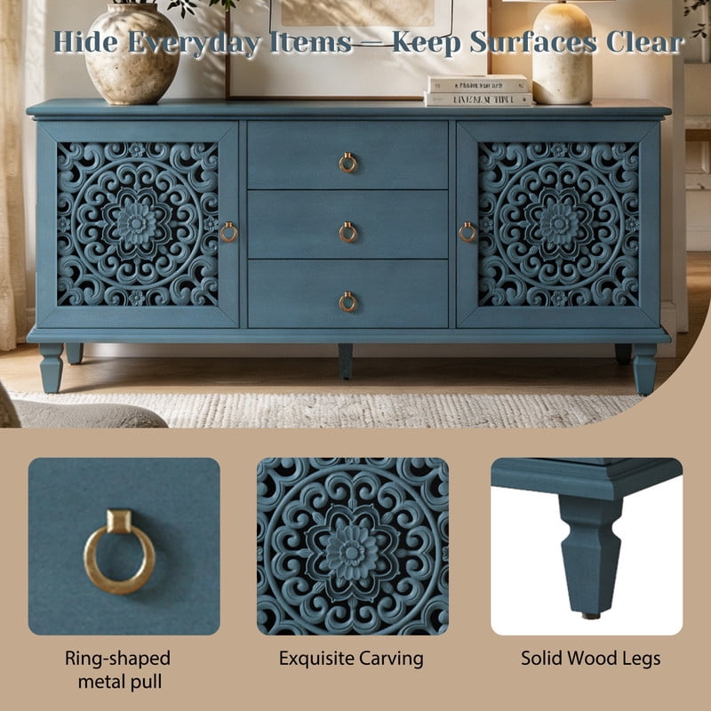 Vintage TV Stand with Carved Doors for 65'' TVs, Freestanding Storage Cabinet Media Console with Drawers & Adjustable Shelf