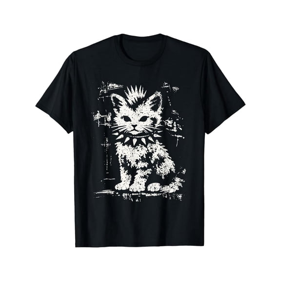 Punk Rock Goth Mohawk Cat Graphic Short Sleeve Crewneck Cotton Men's Women‘s T-Shirt