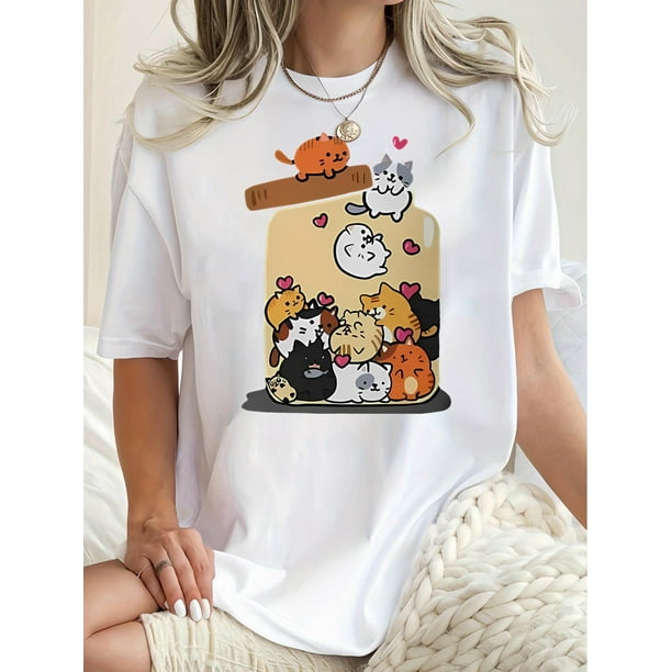 Camiseta básica de verano para mujer1pc WhimsyCat Women'S Casual Crew Neck T-Shirt, Cute Animal Print Polyester Knit Fabric, Medium Stretch Comfort Fit for All SeasonsFather's Day, Mother's Day, New