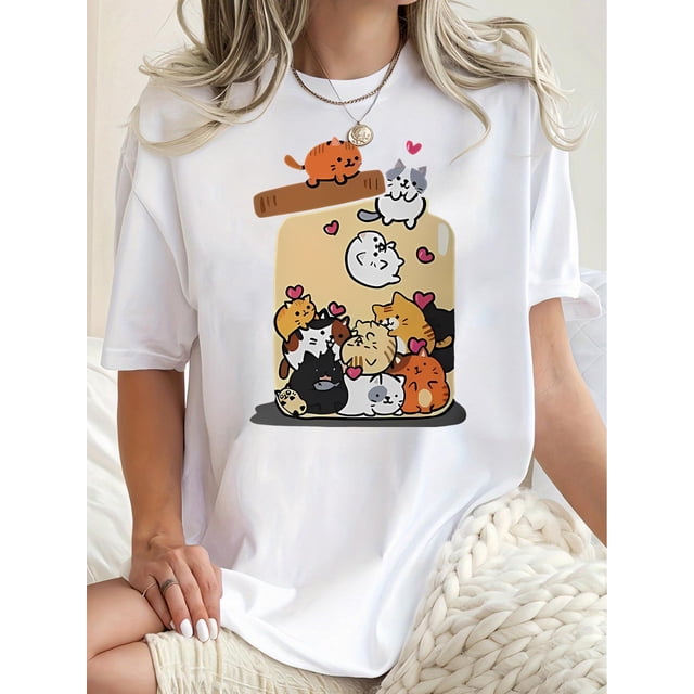 1pc WhimsyCat Women'S Casual Crew Neck T-Shirt, Cute Animal Print Polyester Knit Fabric, Medium Stretch Comfort Fit for All Seasons