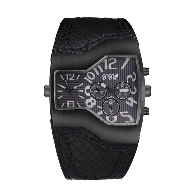 Trayknick Men Quartz Watch Waterproof Big Dial Multiple Time Zone Digital Display Dual Movement Precise Timing Faux Leather Strap Male Outdoor Sports Quartz Wristwatch for Daily Life