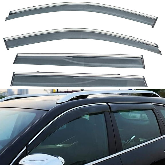 4Pcs Outside Mount Tape On/Clip On Type Smoke Tinted Sun/Rain Guard Vent Window Visors With Chrome Trim Compatible With 2014-2020 Cherokee All Models