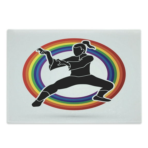 Kung Fu Cutting Board, Eastern Boxing Sports Karate Posed Silhouette on Rainbow Lines Circle, Decorative Tempered Glass Cutting and Serving Board, in 3 Sizes, by Ambesonne