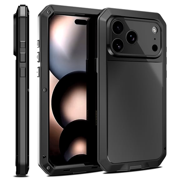for iPhone 17 Pro Max Hard Case, Luxury Shockproof 3-Layer Protection [With Screen Protector] Heavy Duty Protection Cover Metal Rugged Case for iPhone 17 Pro Max, Black